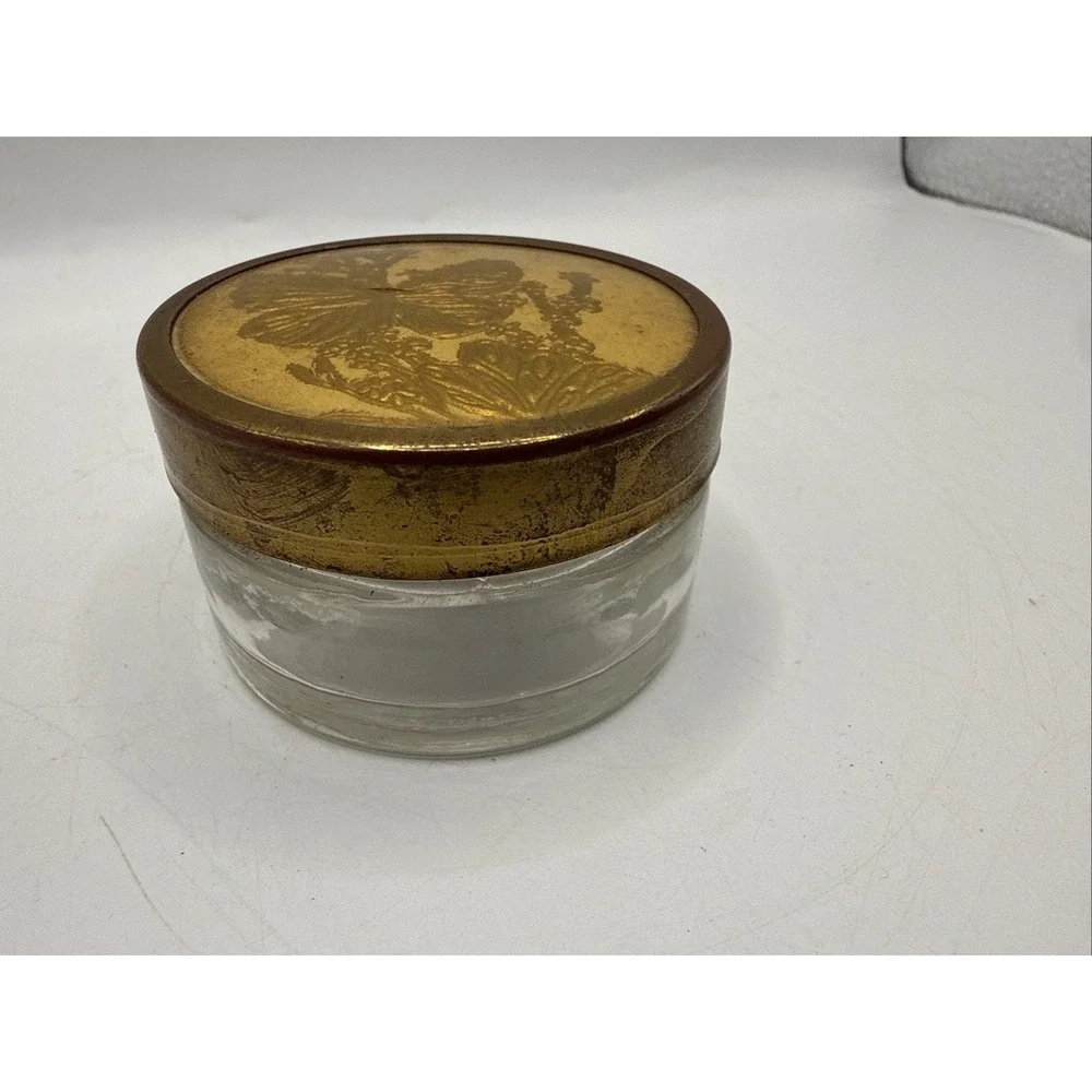 Vintage Art Deco Glass Trinket Box Metal lid Dresser Vanity Powder Jar Floral